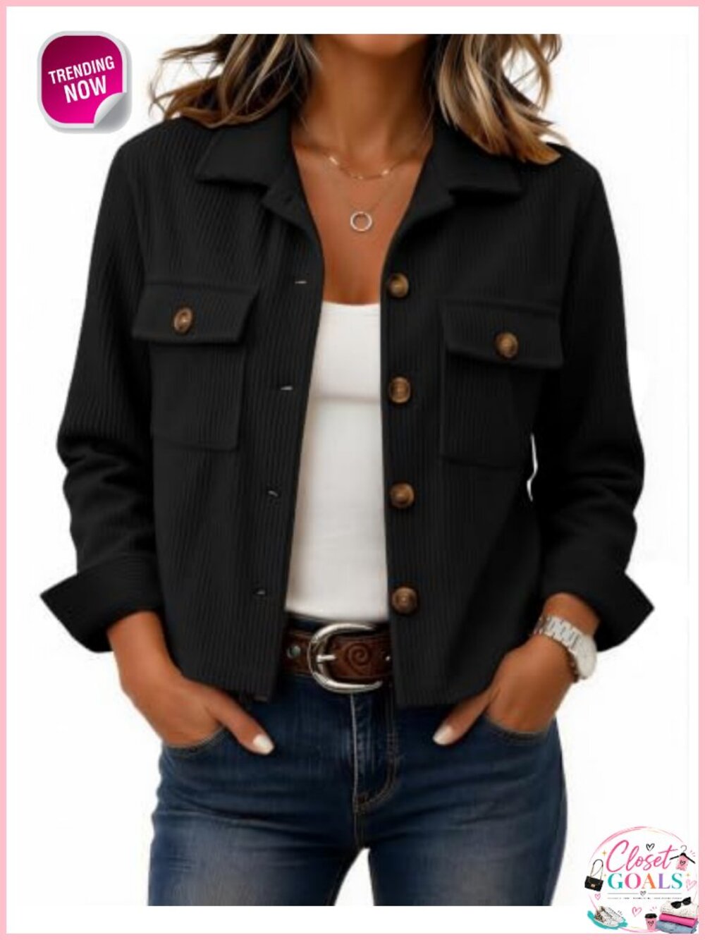 Cropped Corduroy Shacket Button Down Long Sleeve Women's Jacket